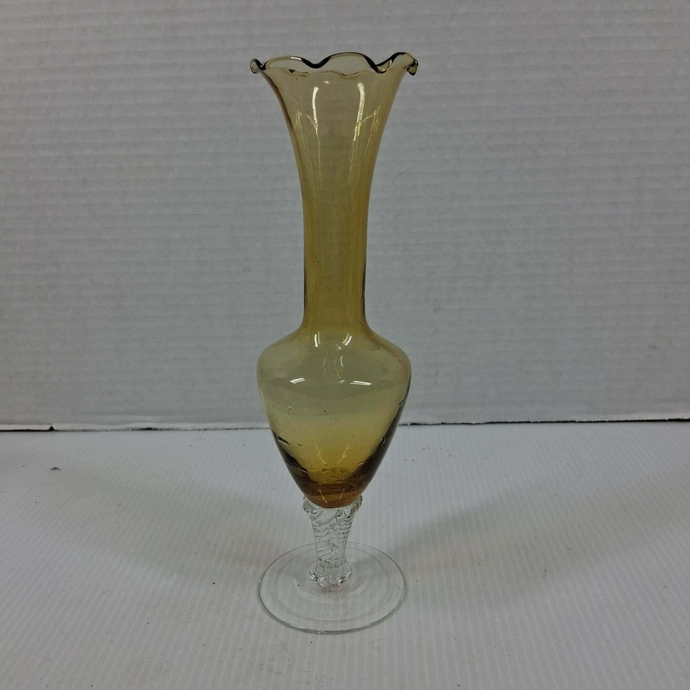Vintage Amber Hand Blown Glass Bud Vase Twisted Stem Ruffled Rim 7.5 Inch MCM